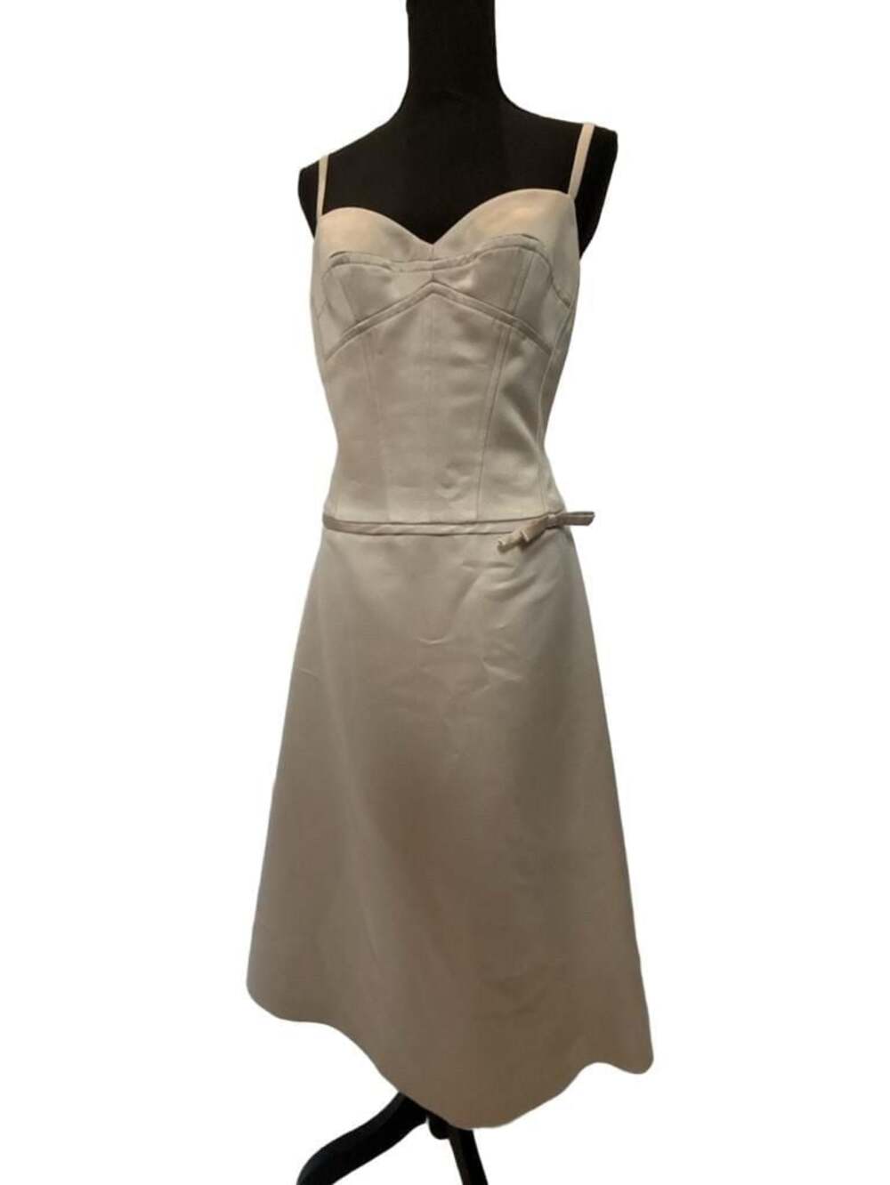 BCBGMAXAZRIA Champagne Satin Corset Bodice Midi Dress with Bow Detail Size 10